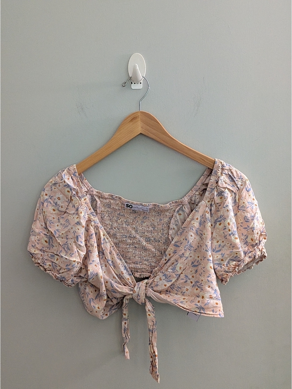 SO Floral Knotted Front Puff Sleeve Crop Top Smocked Boho Challis Sun Blouse Lg